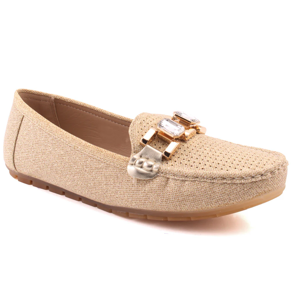 Women "DAHLIA" Perforated Vamp Shimmer Textured Chain Buckle Slip On Casual Moccasins