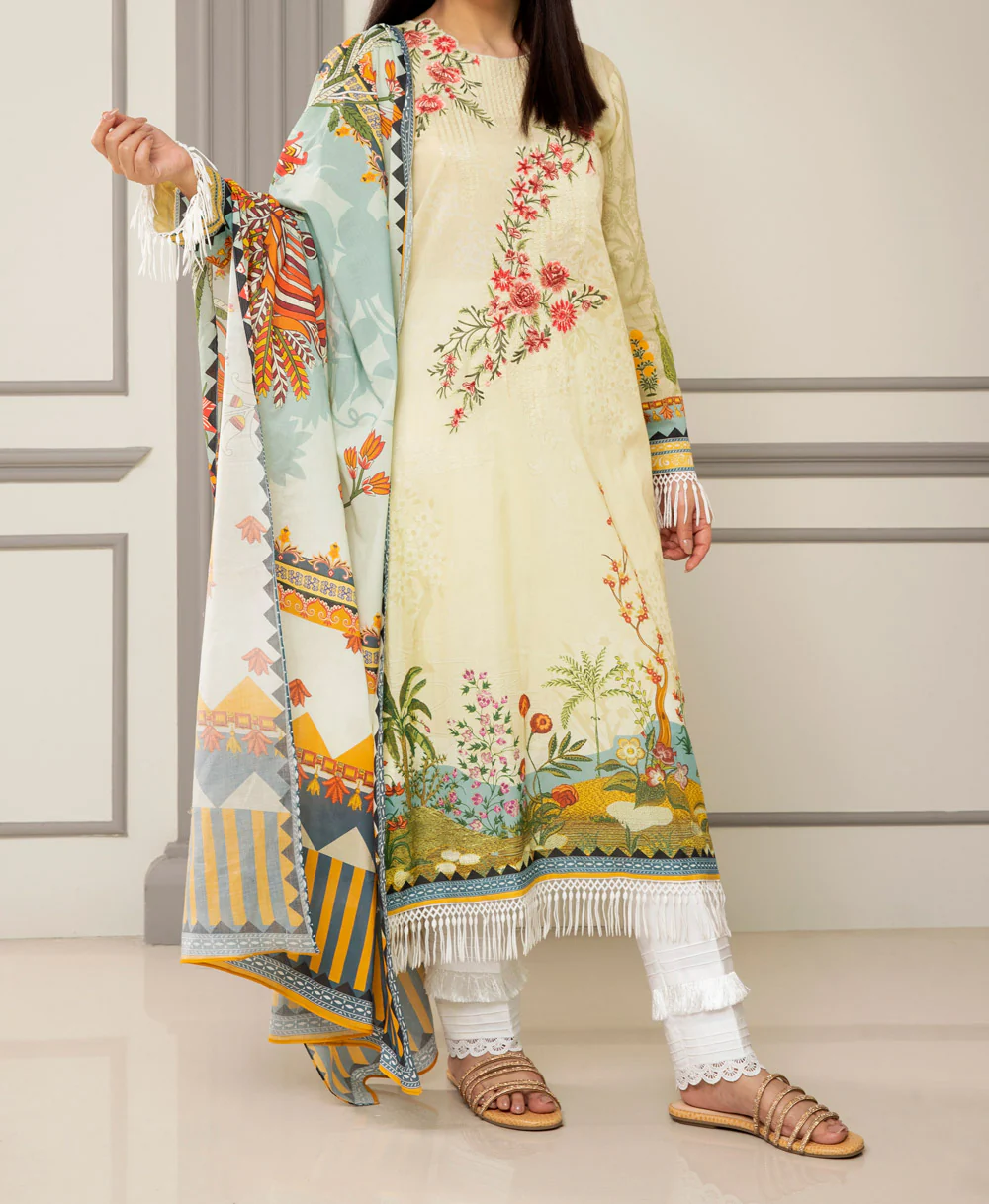 Women "Ellis" 3 Piece Unstitched Embroidery Lawn Suit with Voile Fabric Dupatta