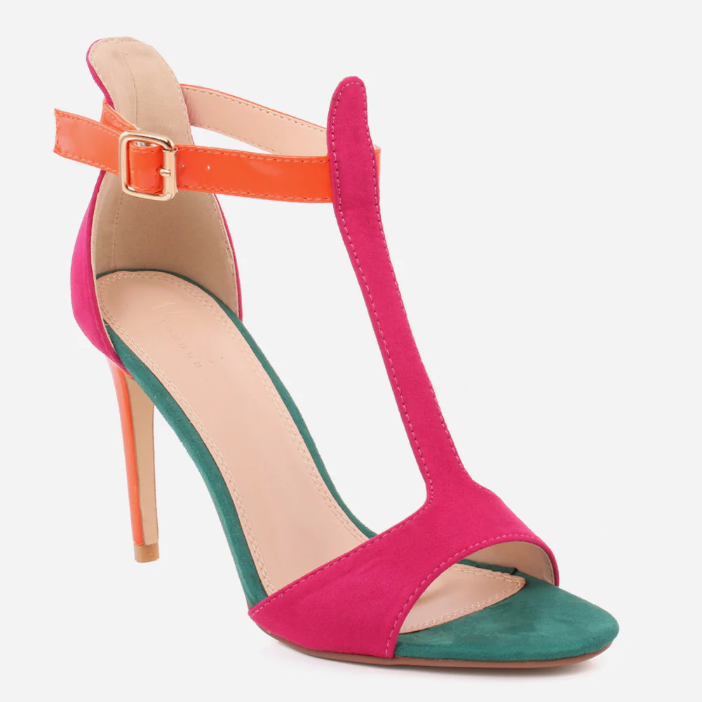Women "IBSEN" T-Strap Multi-Color Closed Heel Cup Ankle Strap Stiletto Heel Sandals
