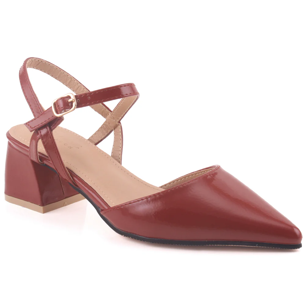 Women āIMANIā Block Heel Buckled Ankle Strap Pointed Toe Sandals