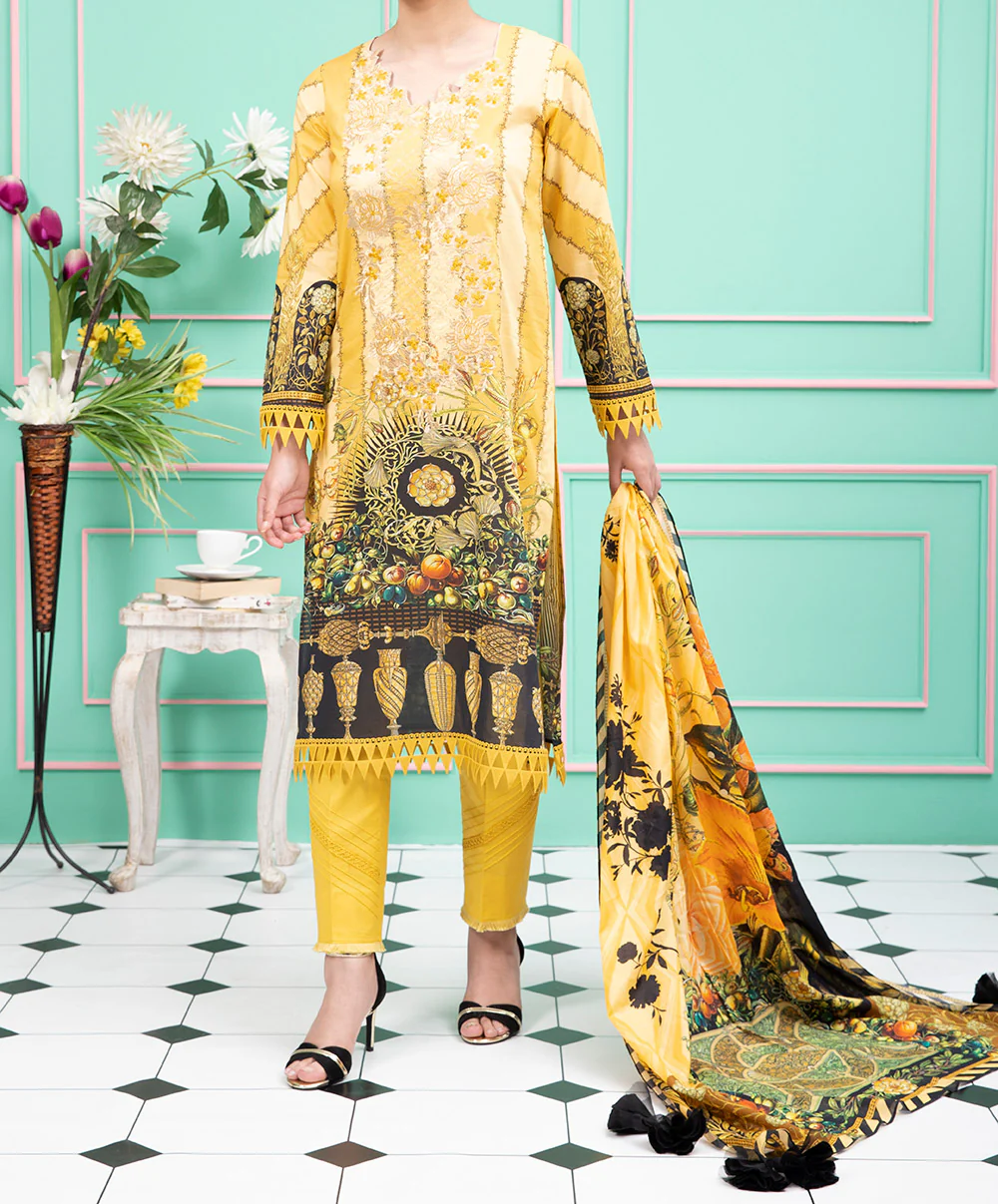 Women "Ivy" 3 Piece Unstitched Embroidery Lawn Suit with Voile Fabric Dupatta