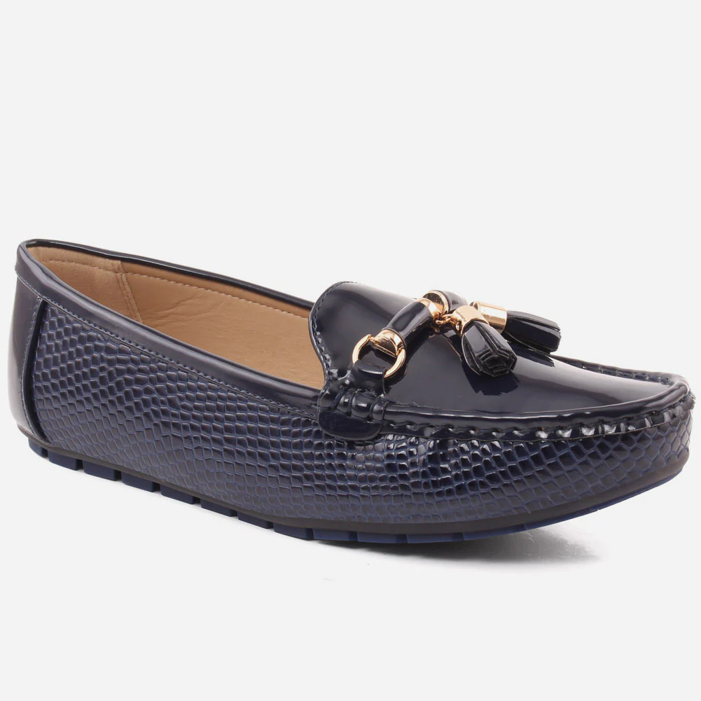Women “LIVIANA” Tassel Detailed Patent Vamp  Snake Textured Dress Moccasin Shoes