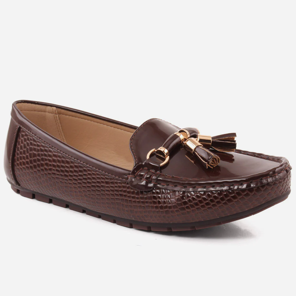 Women “LIVIANA” Tassel Detailed Patent Vamp  Snake Textured Dress Moccasin Shoes