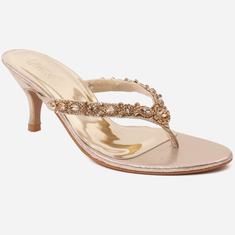 Women “LYDIA” Decorated Sparkle Crystal Stones Thong Slip On Kitten Heel Sandals