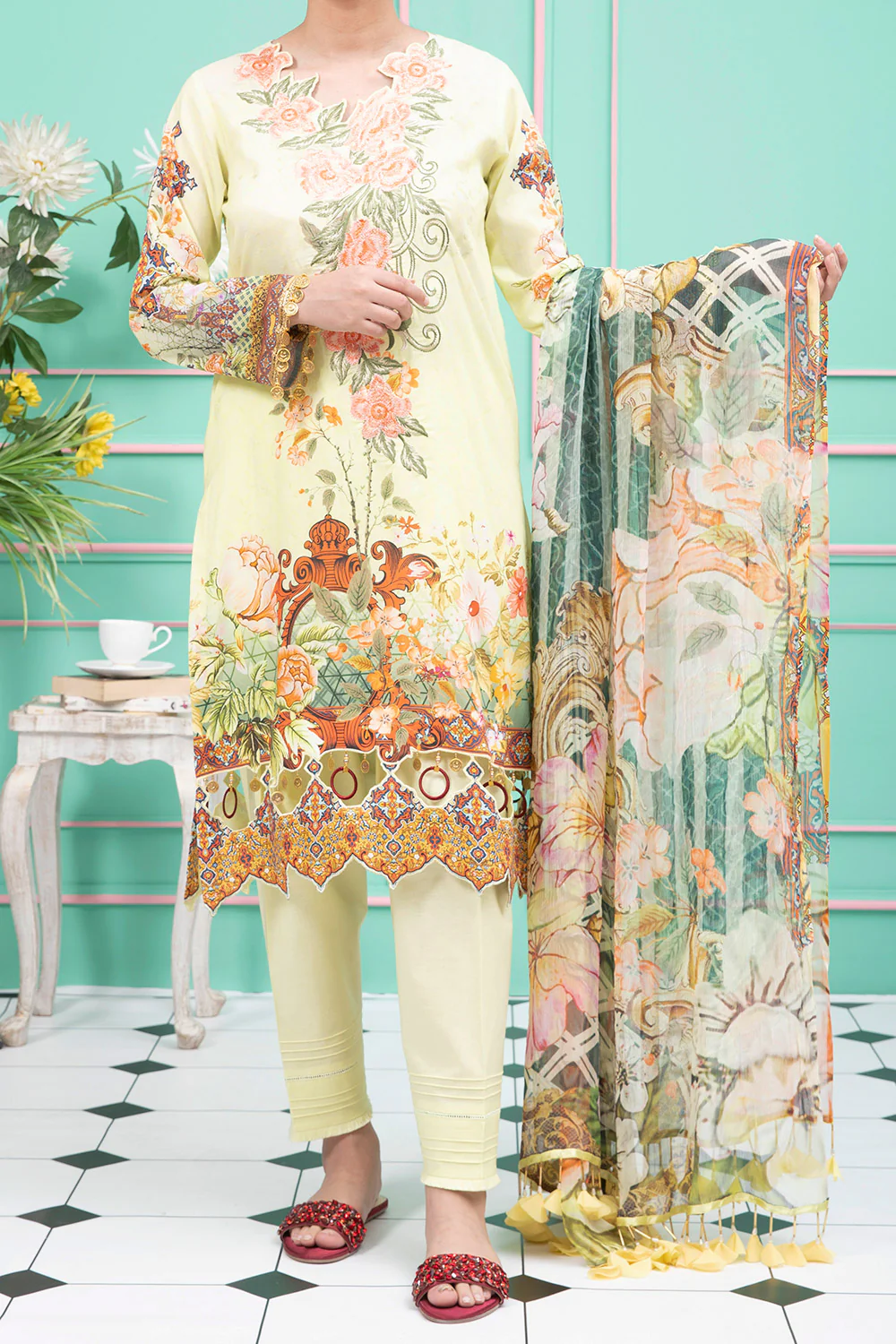 Women "MARGARET" 3 Piece Unstitched Embroidery Lawn Suit with Chiffon Dupatta
