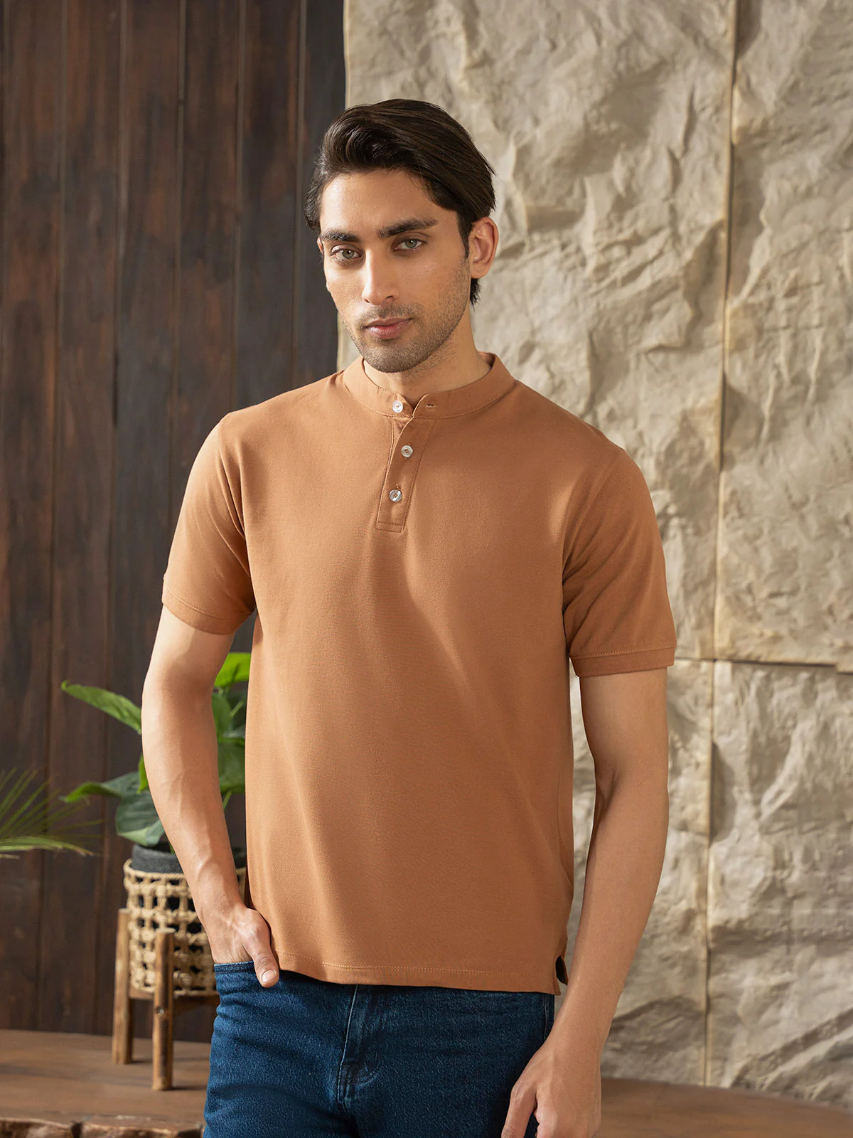 "ZION" Regular Ban Collar Pique Polo Shirt