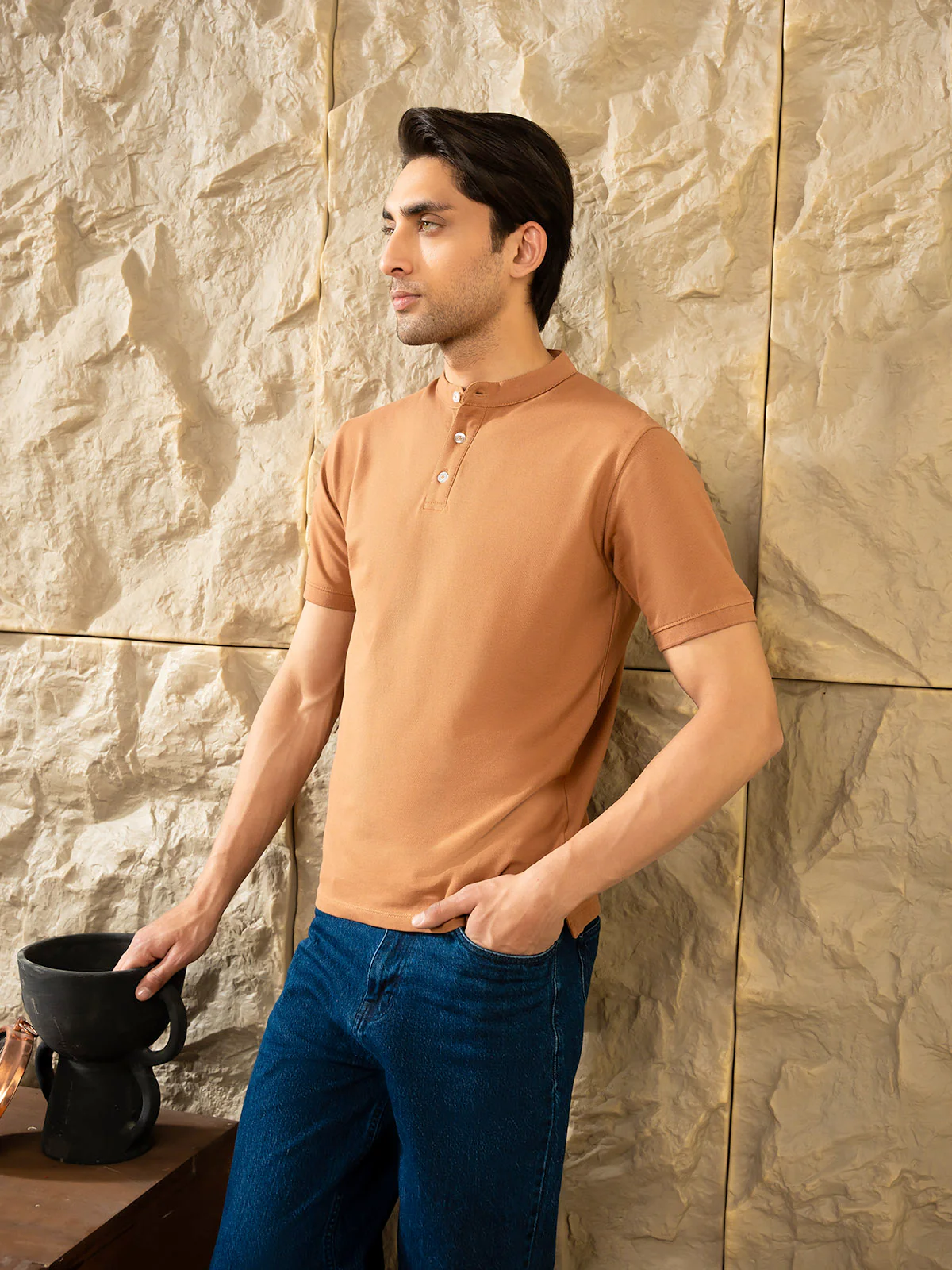 "ZION" Regular Ban Collar Pique Polo Shirt - Image 3