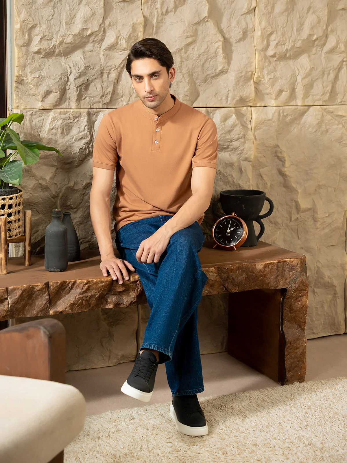 "ZION" Regular Ban Collar Pique Polo Shirt - Image 4