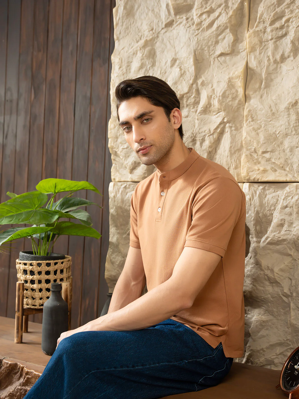 "ZION" Regular Ban Collar Pique Polo Shirt - Image 5