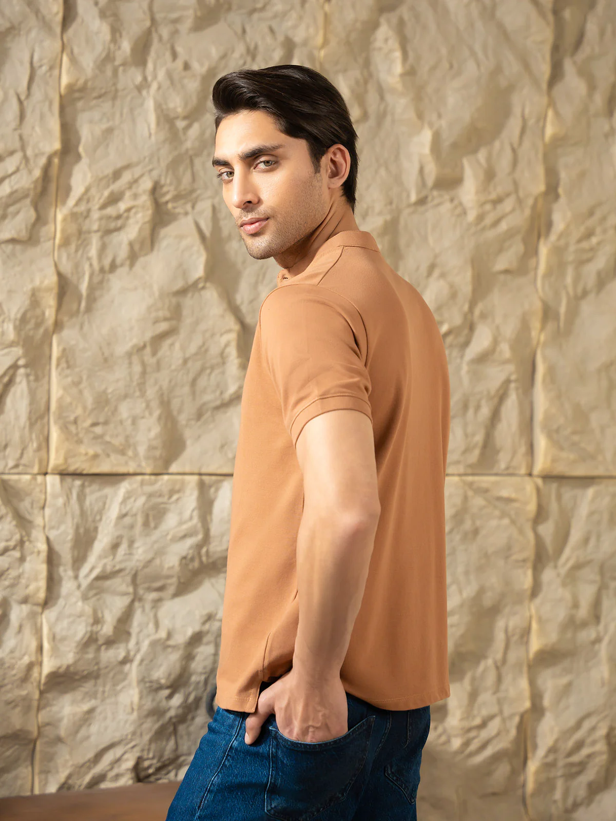 "ZION" Regular Ban Collar Pique Polo Shirt - Image 6